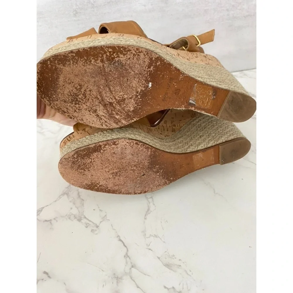Paloma Barceló Sandals Espadrilles Sz 38/7.5 Tan Leather Wedge Platform Dressy